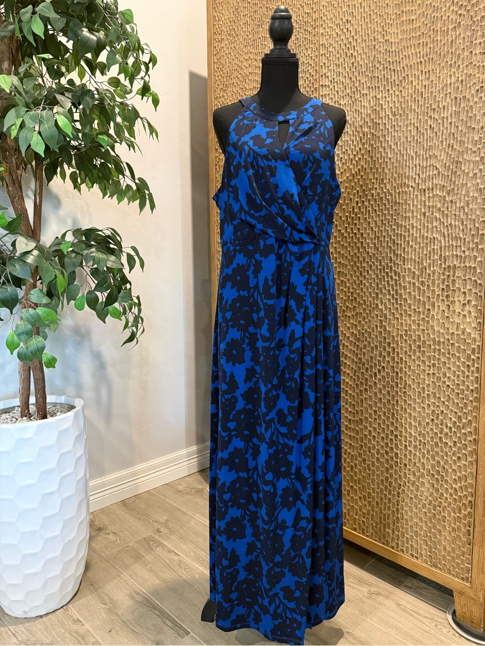 Adrianna Papell Blue and Black Floral Halter Maxi Dress